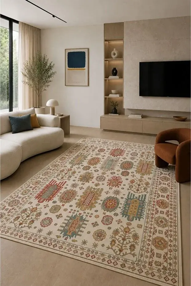 Kaymaz Tabanlı Yıkanabilir Renkli Salon Halısı 4561 80x200cm