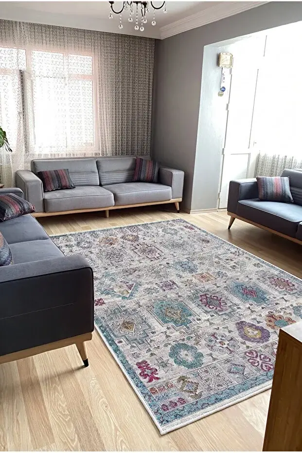 Kaymaz Tabanlı Vintage Renkli Salon Halısı K358-00 K358-00 80x200cm