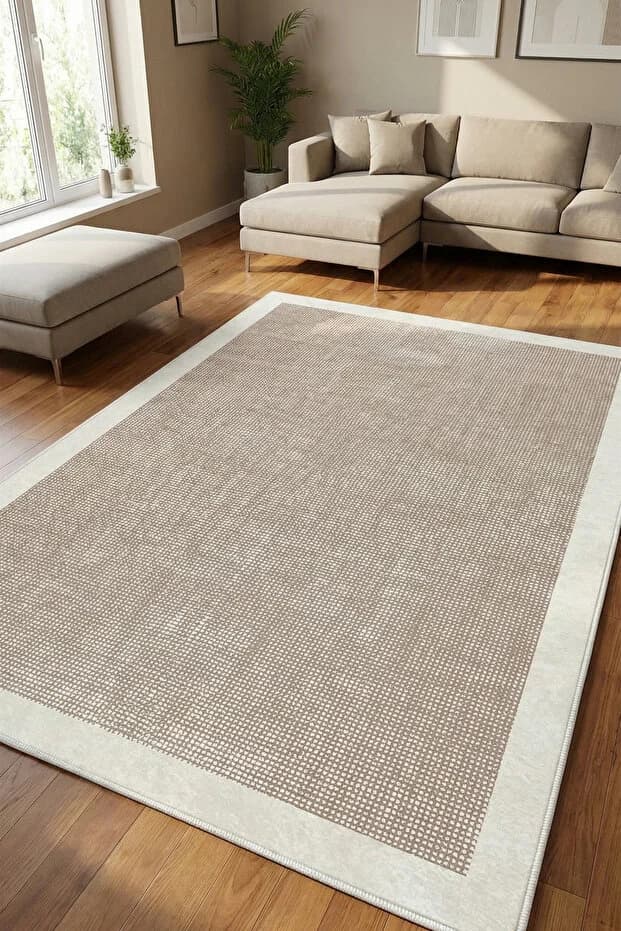 Kaymaz Tabanlı Yıkanabilir Era Vizon Beyaz Çerçeveli Salon Halısı 80x200cm