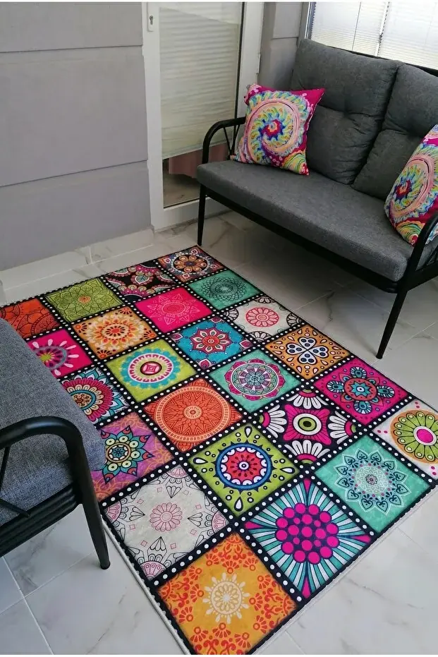 Kaymaz Tabanlı Yıkanabilir Nirvana Renkli Mutfak Halısı 80x200cm