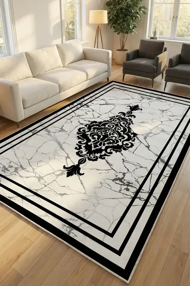 Kaymaz Tabanlı Yıkanabilir Beyaz Siyah Salon Halısı 4140 80x200cm