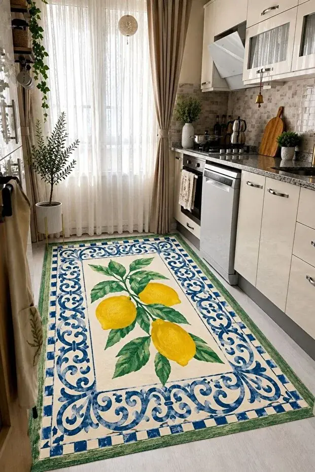 Kaymaz Tabanlı Makinede Yıkanabilir Sarı Mutfak Halısı 4626 80x200cm