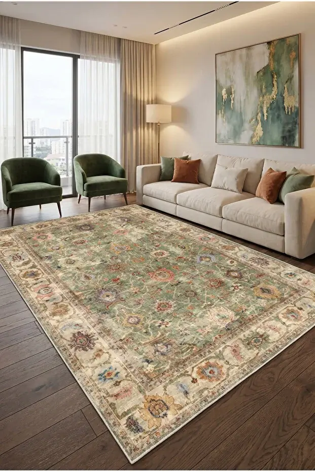 Makinede Yıkanabilir Kaymaz Tabanlı Yeşil Mutfak Halısı 4475 80x200cm