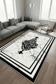 Kaymaz Tabanlı Yıkanabilir Beyaz Siyah Salon Halısı 4140 80x200cm 2