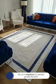 Kaymaz Tabanlı Beyaz Lacivert Salon Halısı 1521 120x250cm 2