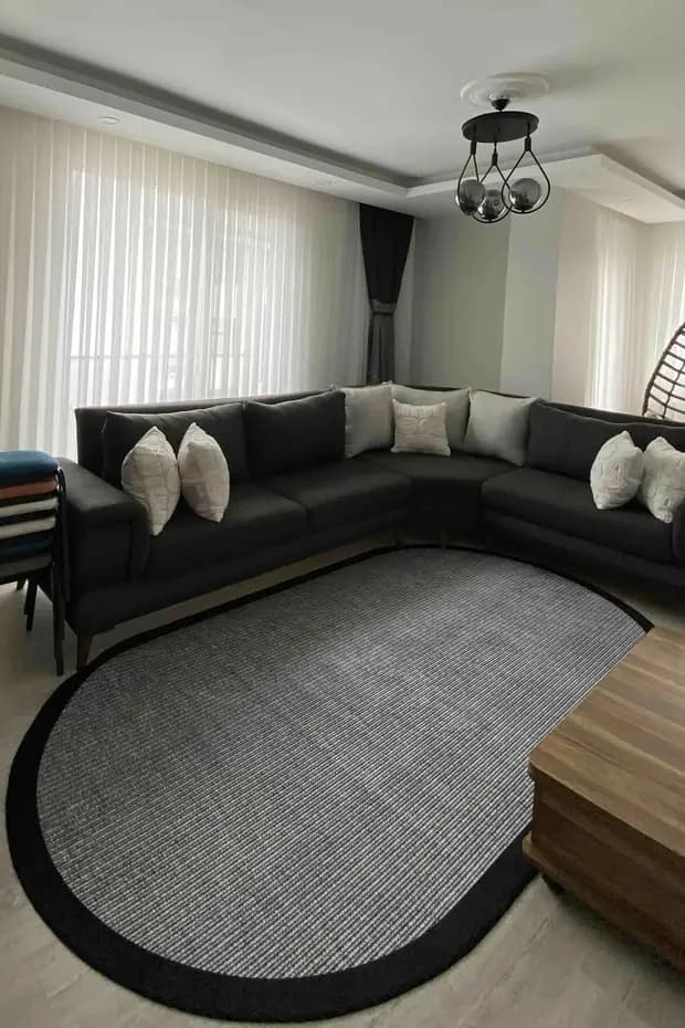 Kaymaz Tabanlı Yıkanabilir Siyah Oval Salon Halısı 4350 80x200cm