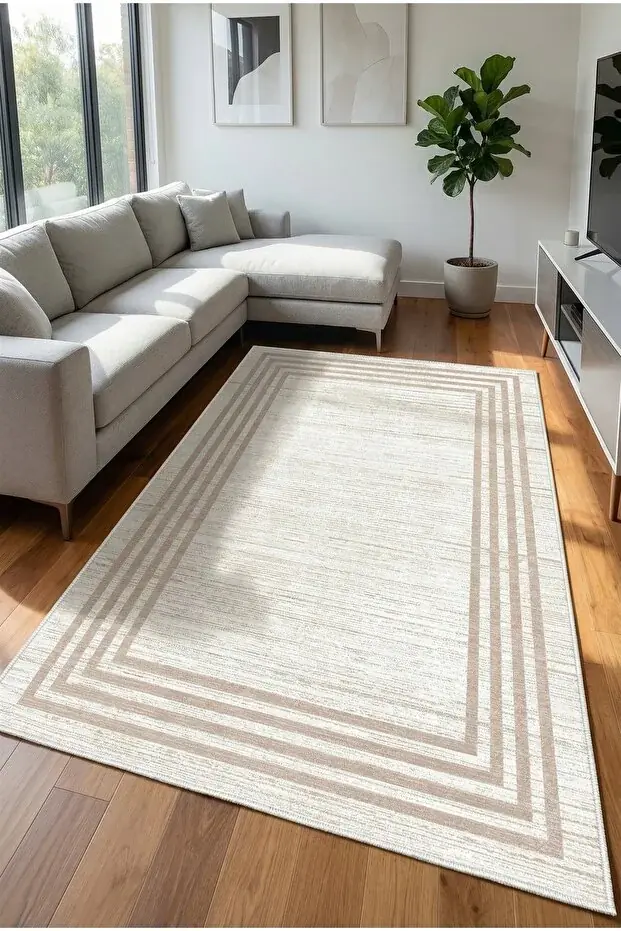 Kaymaz Tabanlı Yıkanabilir Bej Salon Halısı 4391 80x200cm