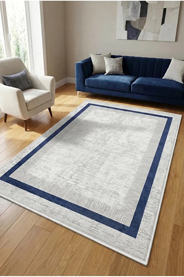 Kaymaz Taban Yıkanabilir Beyaz Lacivert Salon Halısı 1521 80x200cm