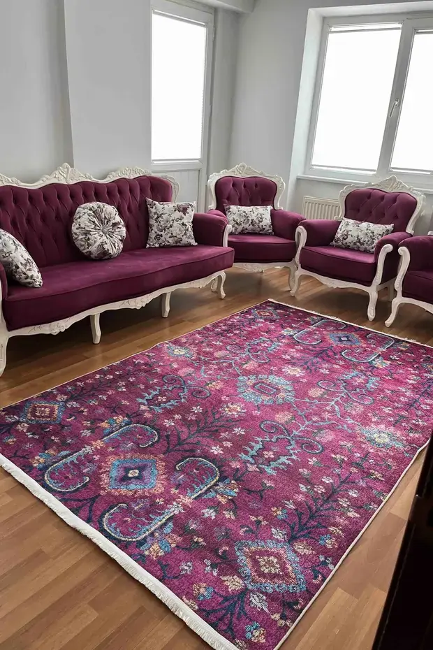 Kaymaz Tabanlı Yıkanabilir Fuşya Otantik Vintage Yatak Odası Halısı 211 80x200cm
