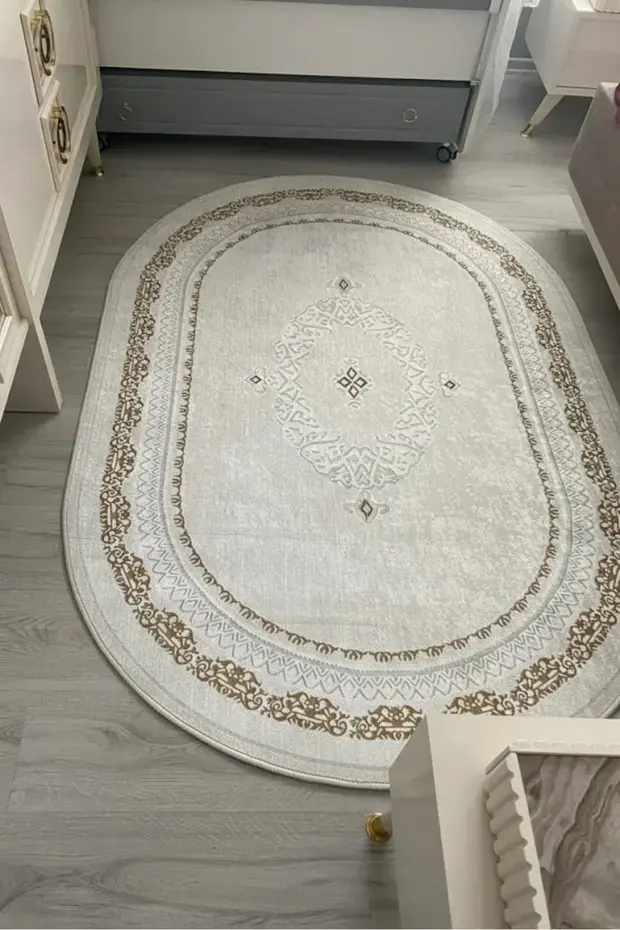 Kaymaz Tabanlı Yıkanabilir Oval Zümre Gold Halı 80x200cm