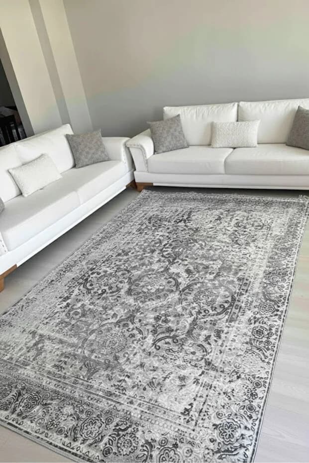 Kaymaz Tabanlı Yıkanabilir Milas Gri Salon Halısı 80x200cm