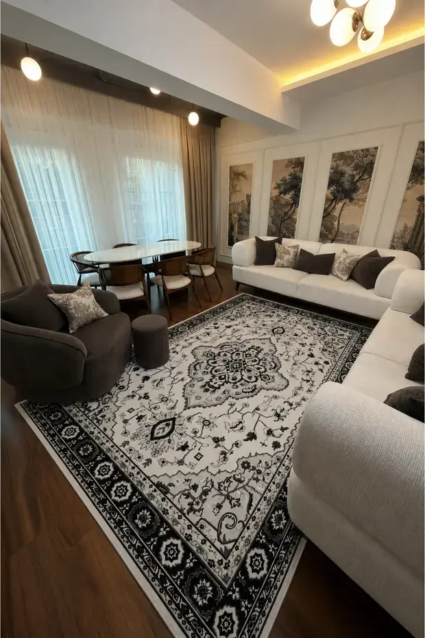 Kaymaz Tabanlı Yıkanabilir Siyah Vintage Salon Halısı 4675 4675 80x200cm