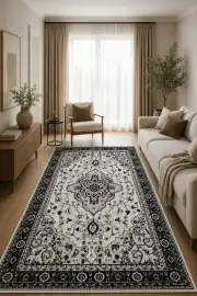 Kaymaz Tabanlı Yıkanabilir Siyah Vintage Salon Halısı 4675 4675 80x200cm 4