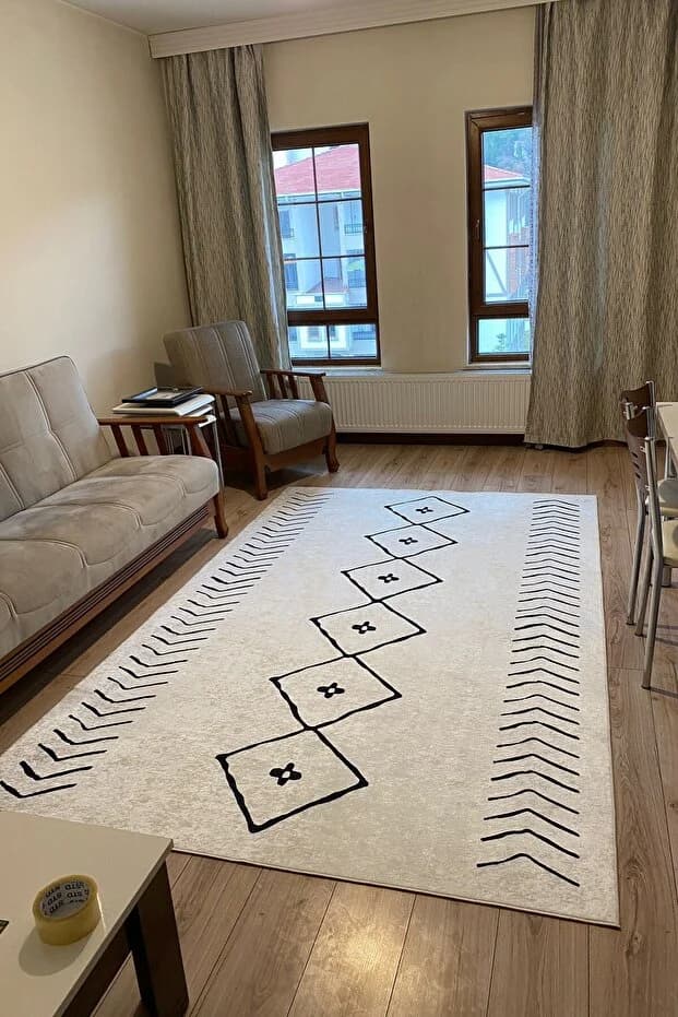 Kaymaz Tabanlı Yıkanabilir İskandinav Beyaz Salon Halısı 80x200cm
