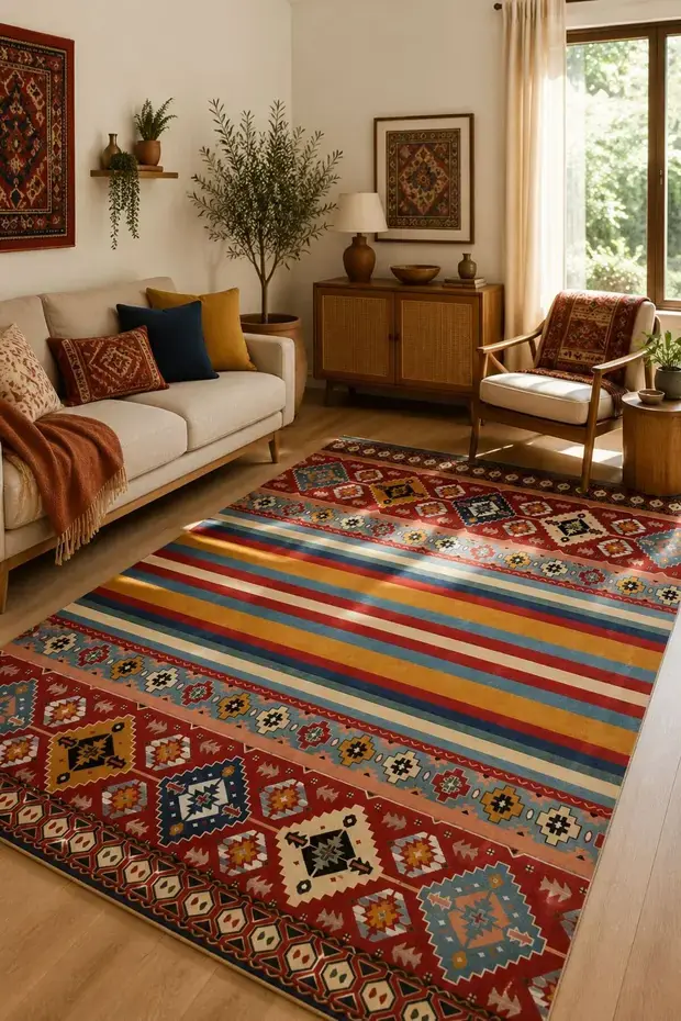 Kaymaz Tabanlı Yıkanabilir Renkli Salon Halısı 4552 80x200cm