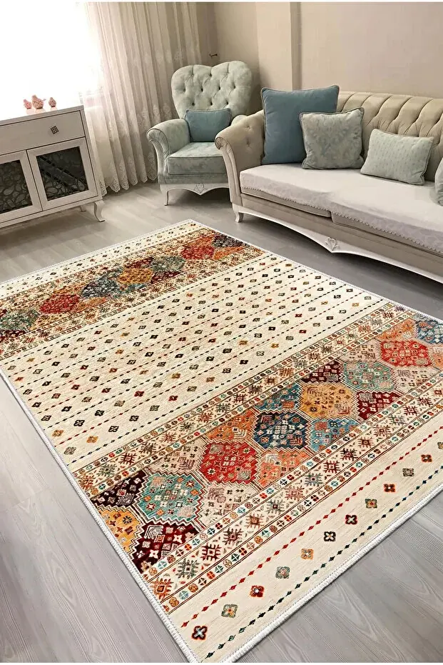 Kaymaz Tabanlı Yıkanabilir Renkli Vintage Halı DS120-02 80x200cm