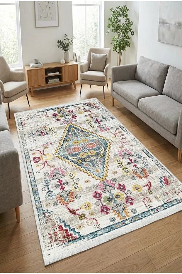 Kaymaz Tabanlı Yıkanabilir Isparta Renkli Salon Halısı 80x200cm