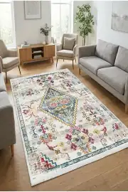 Kaymaz Tabanlı Yıkanabilir Isparta Renkli Salon Halısı 80x200cm 1