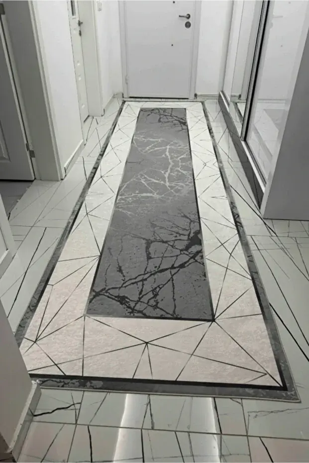 Kaymaz Tabanlı Yıkanabilir Gri Beyaz Moliva Yolluk 80x500cm