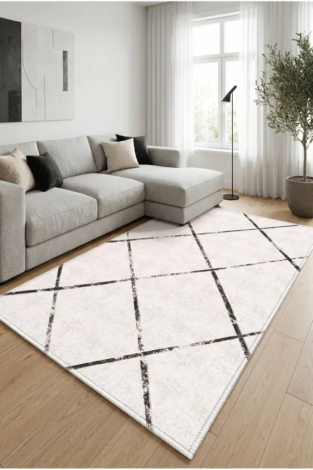 Kaymaz Tabanlı Yıkanabilir Krem Salon Halısı DS427 80x200cm