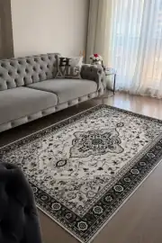 Kaymaz Tabanlı Yıkanabilir Siyah Vintage Salon Halısı 4675 4675 80x200cm 2