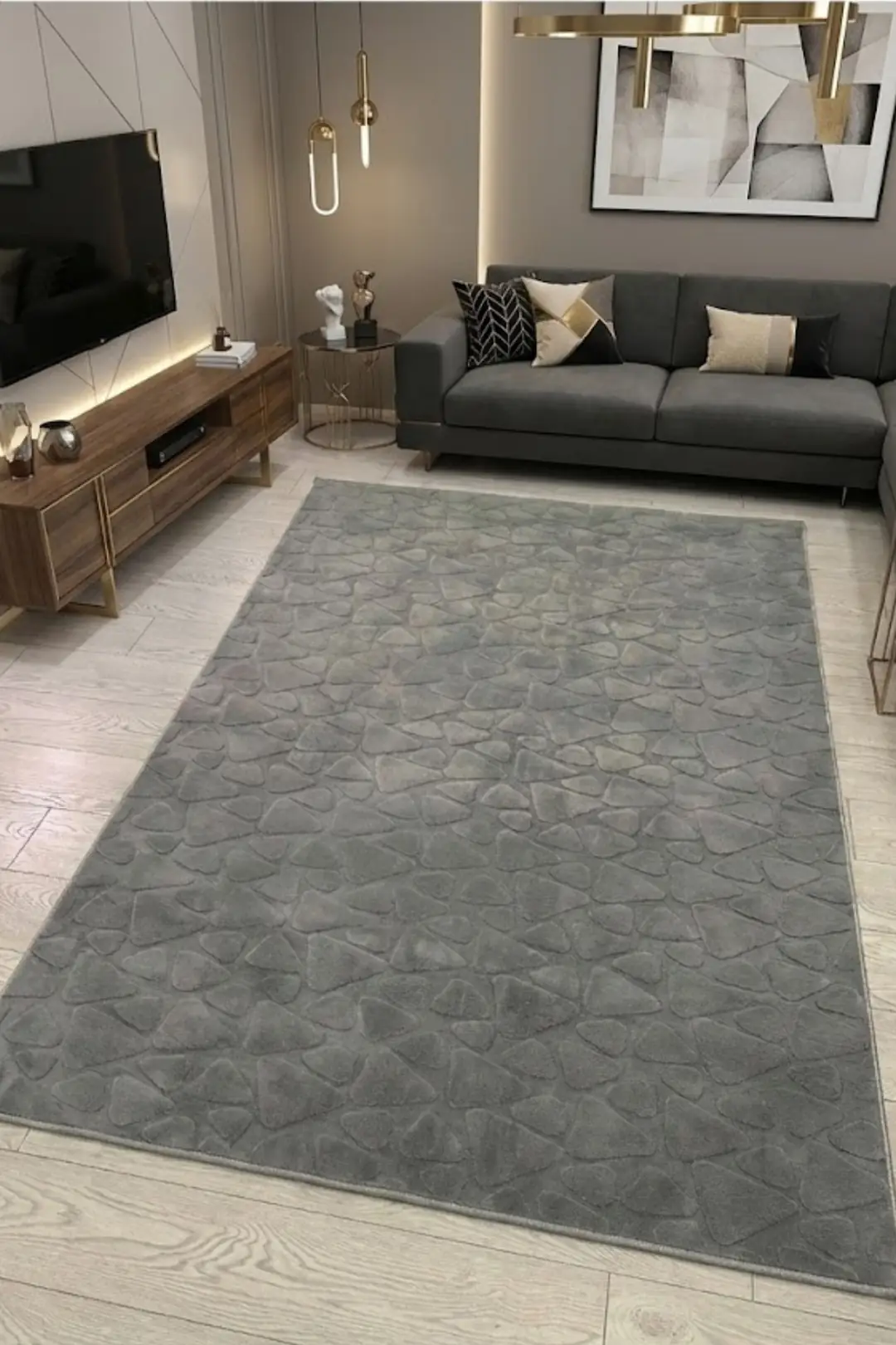 Kaymaz Taban Yıkanabilir KLM Taş Peluş Gri Halı Saçaksız 80x200cm