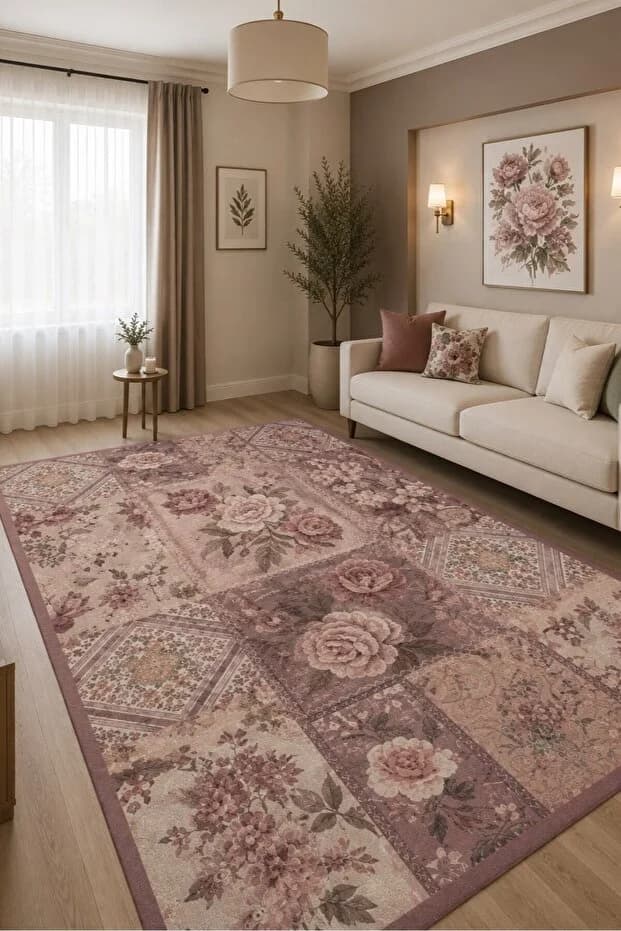 Kaymaz Tabanlı Yıkanabilir Renkli Çiçek Desenli Salon Halısı 4665 80x200cm